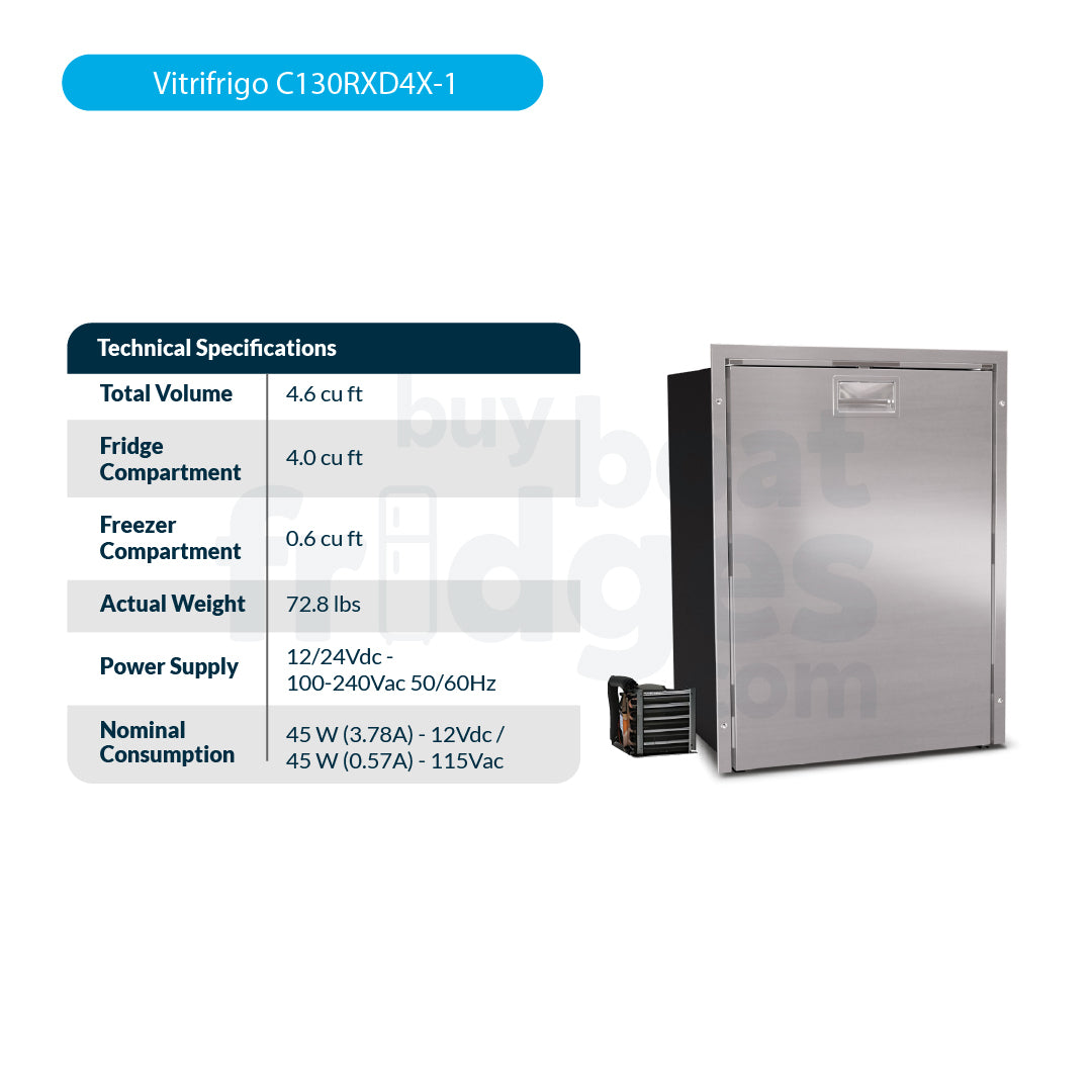 C130RXD4X-1 - Vitrifrigo Front-Loading Stainless Steel Refrigerator w/Freezer Compartment, Adjustable Flange (External Cooling Unit) OCX2 Model