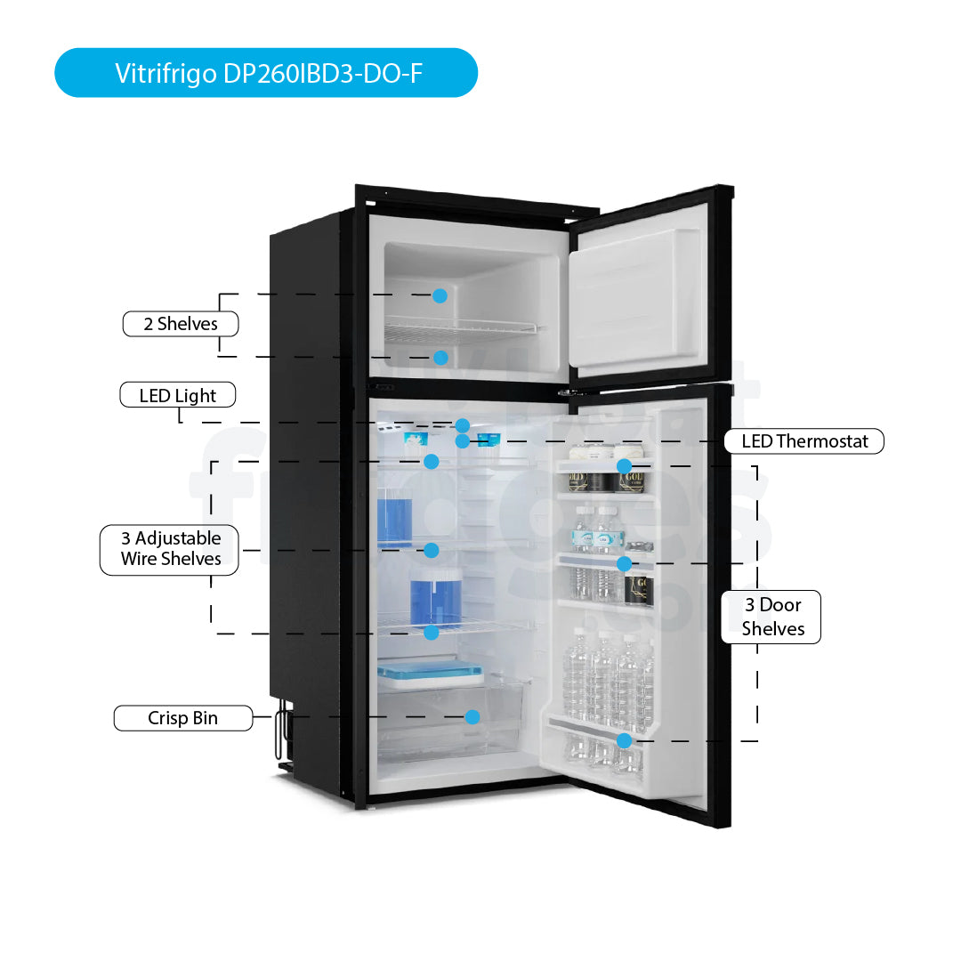 DP260IBD3-DO-F - Vitrifrigo Front-Loading, Double Door Black Refrigerator w/Freezer Flush Flange (Internal Cooling Unit) - DC ONLY - Digital Series