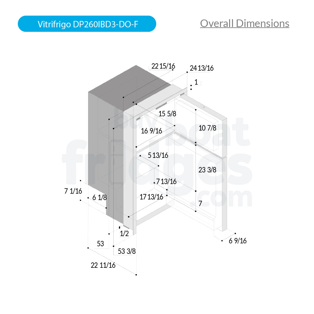 DP260IBD3-DO-F - Vitrifrigo Front-Loading, Double Door Black Refrigerator w/Freezer Flush Flange (Internal Cooling Unit) - DC ONLY - Digital Series