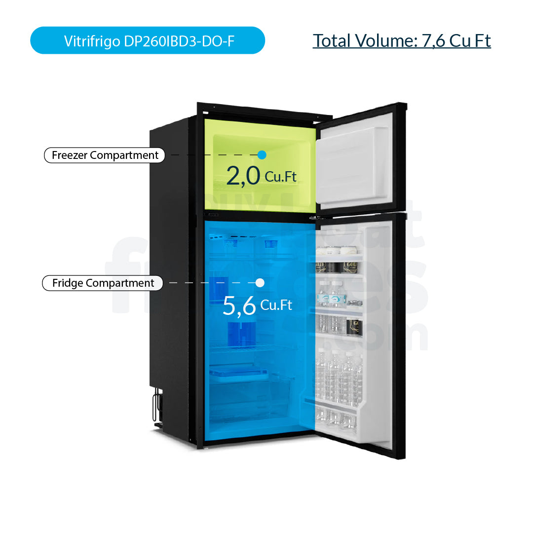 DP260IBD3-DO-F - Vitrifrigo Front-Loading, Double Door Black Refrigerator w/Freezer Flush Flange (Internal Cooling Unit) - DC ONLY - Digital Series