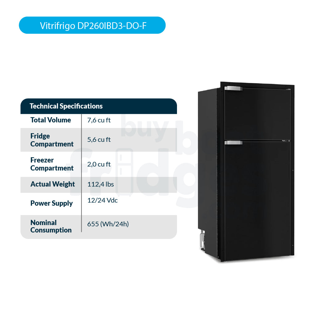 DP260IBD3-DO-F - Vitrifrigo Front-Loading, Double Door Black Refrigerator w/Freezer Flush Flange (Internal Cooling Unit) - DC ONLY - Digital Series