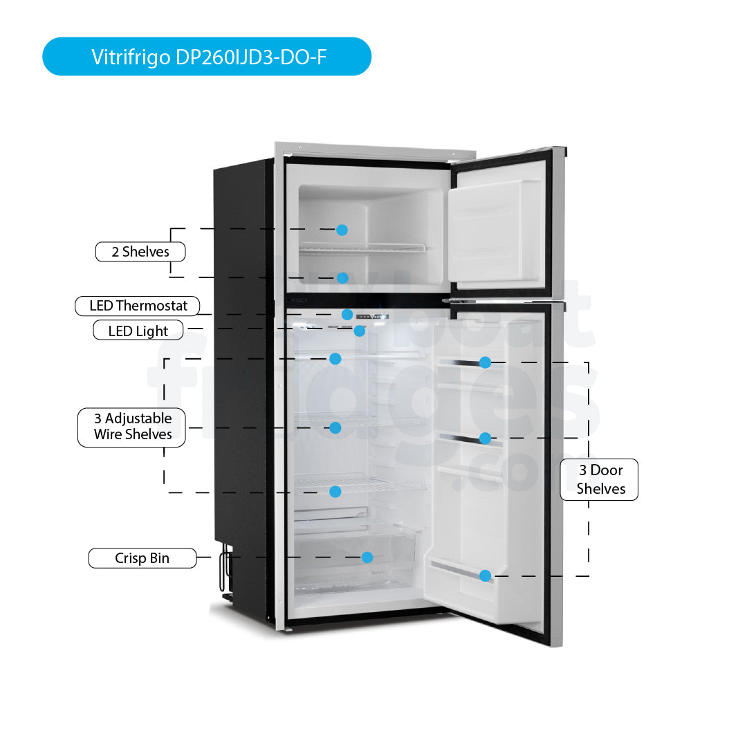 DP260IJD3-DO-F - Vitrifrigo Front-Loading, Double Door Grey Refrigerator w/Freezer Flush Flange (Internal Cooling Unit) - DC ONLY - Digital Series